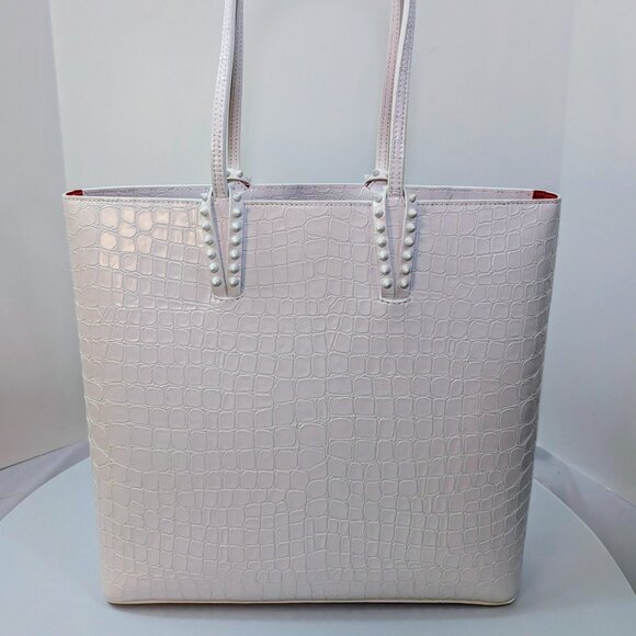 Louboutin White Crocodile Embossed Leather Cabata Spikes Tote Bag - Picture 1 of 12